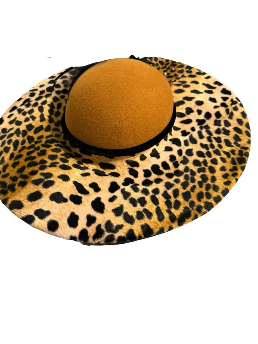 Vintage Ms. Hi’s Classic Leopard Print Wool Hat with Feathers & Rhinestones